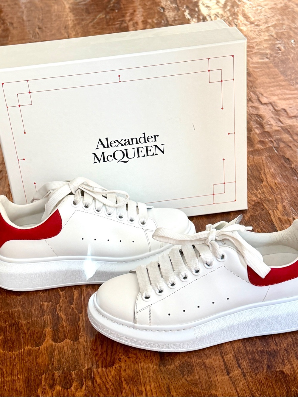 Alexander McQueen White Leather Low-Top Sneakers with Red Heel Tab